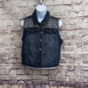 2B Bebe Pearl Stud Embellished Button Sleeveless Denim Vest